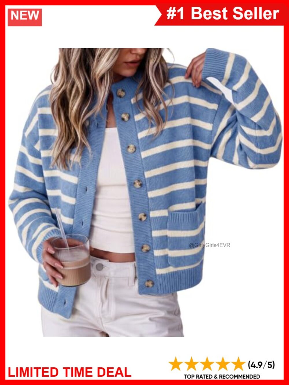 Womens Striped Button Down Cardigan Long Sleeve Knit Sweater